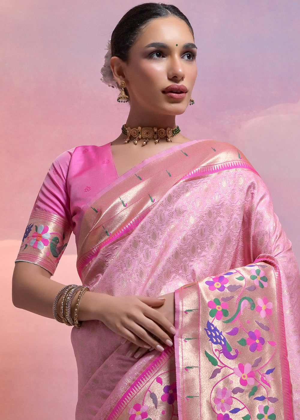 Taffy Pink Woven Paithani Silk Saree with Meenakari Zari Woven Border - qivii