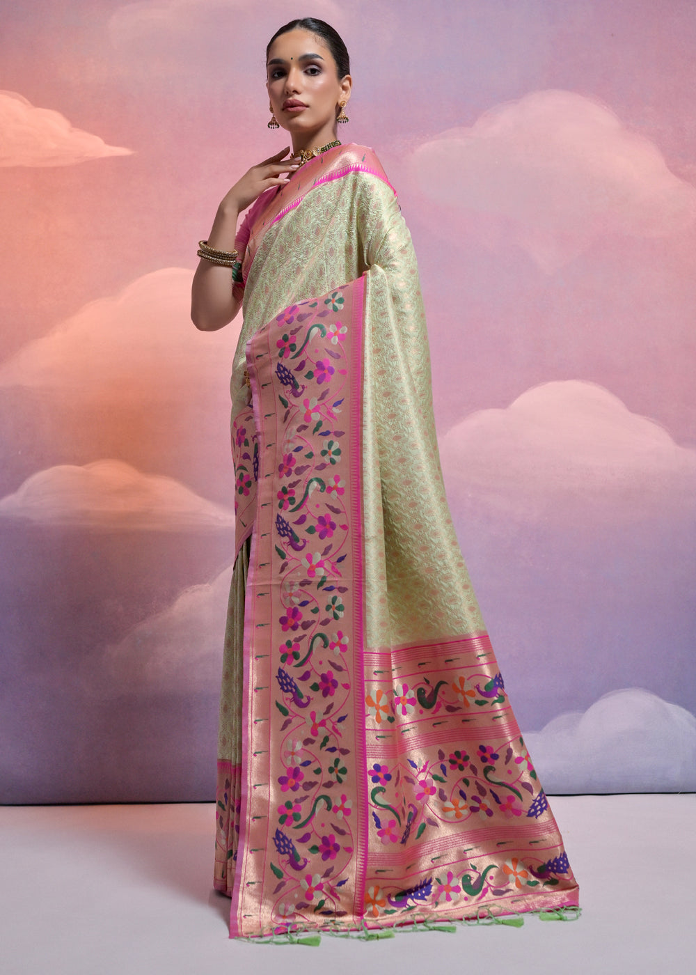 Pista Green Woven Paithani Silk Saree with Meenakari Zari Woven Border - qivii