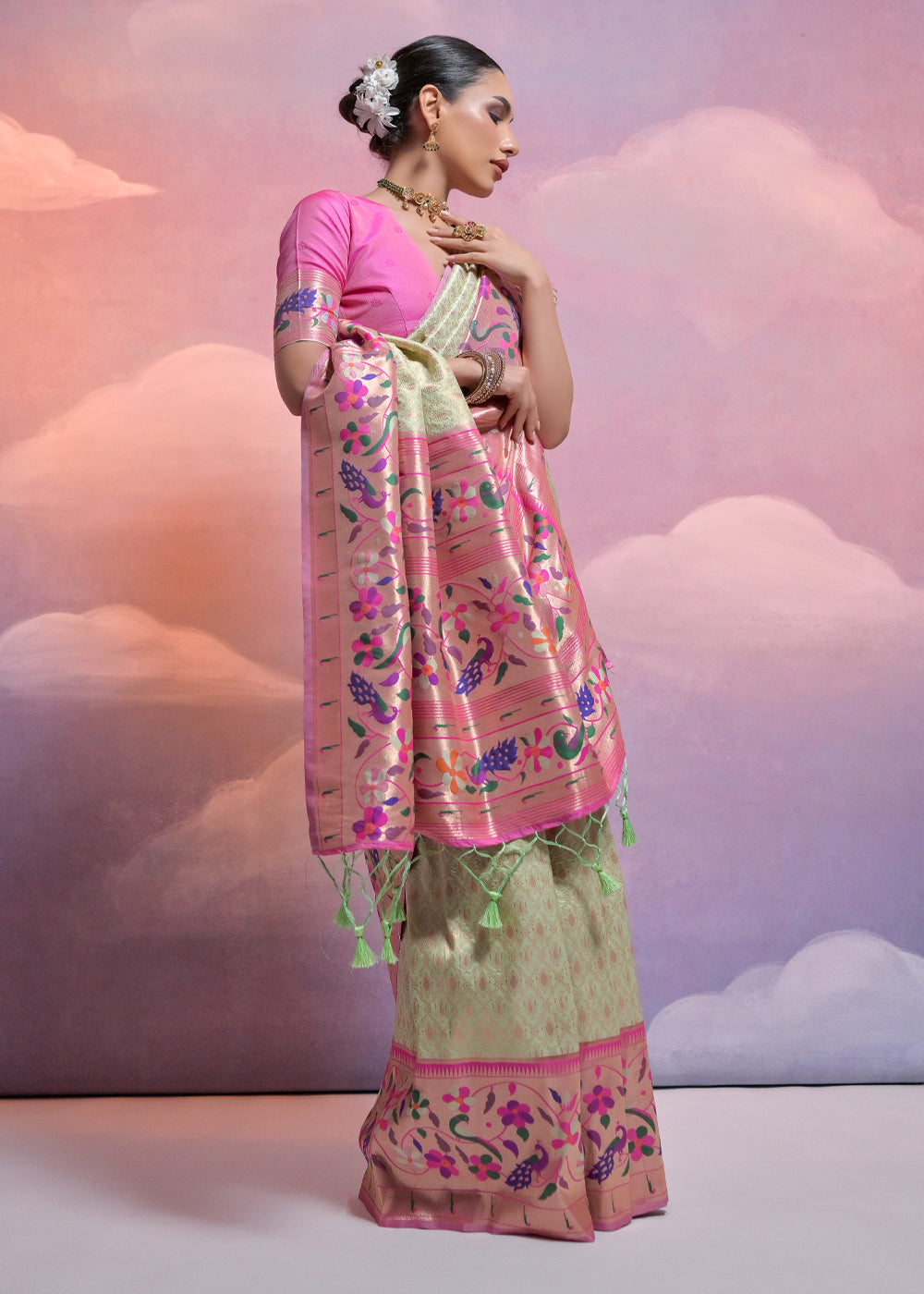 Pista Green Woven Paithani Silk Saree with Meenakari Zari Woven Border - qivii