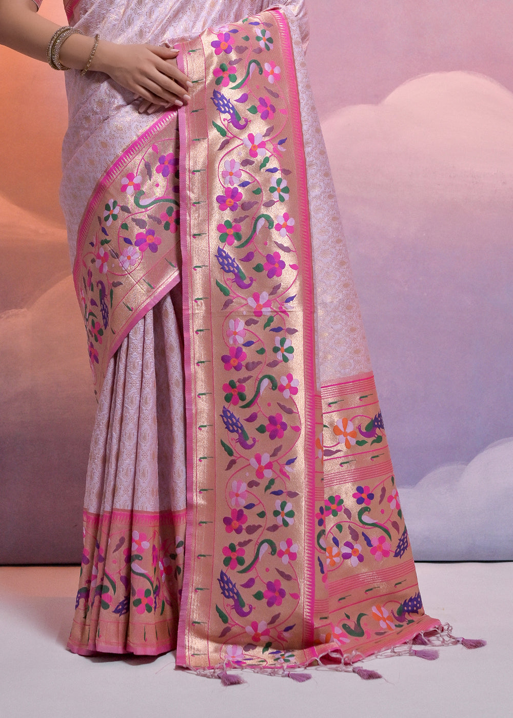 Thistle Purple Woven Paithani Silk Saree with Meenakari Zari Woven Border