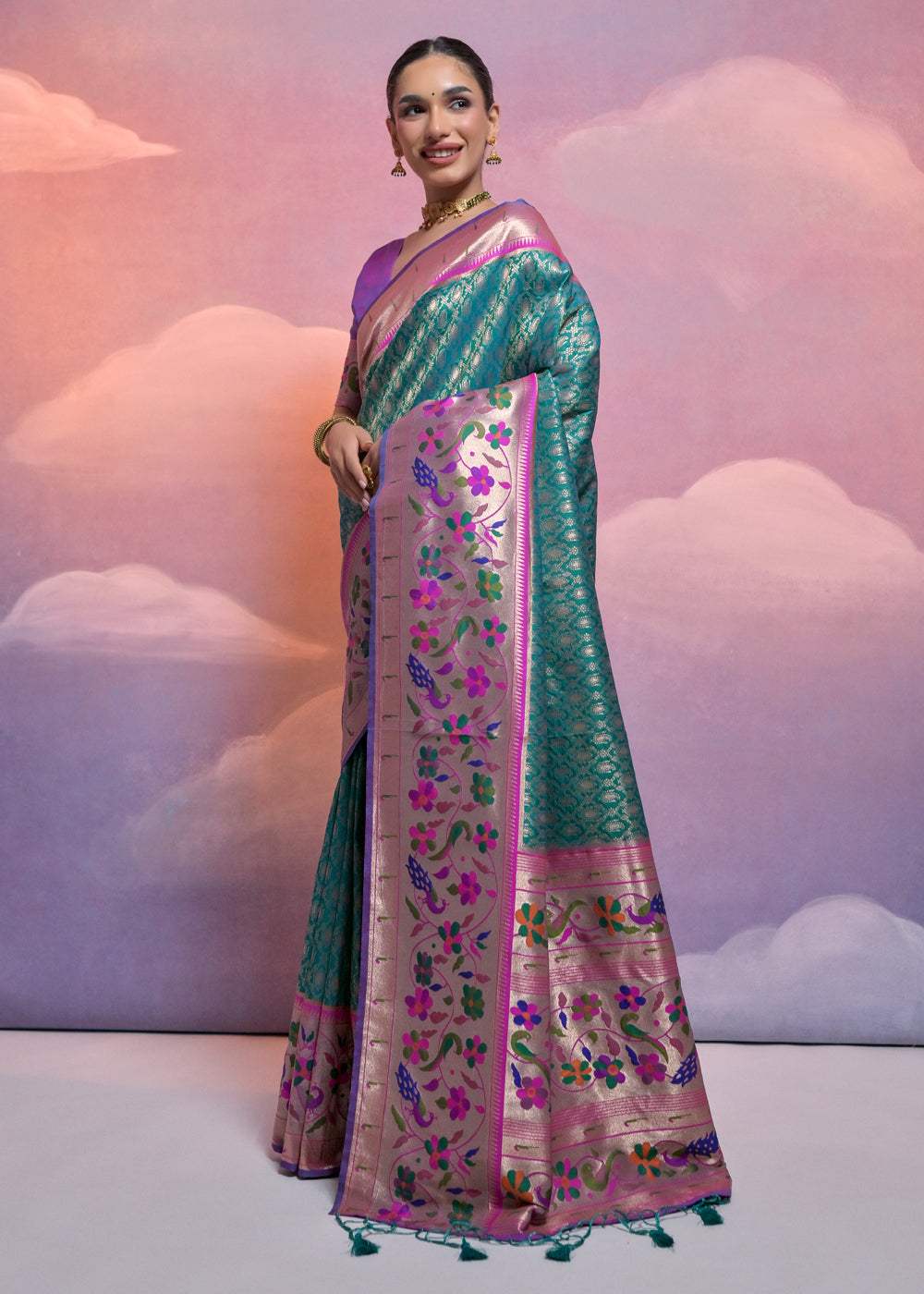 Rama Green Woven Paithani Silk Saree with Meenakari Zari Woven Border - qivii