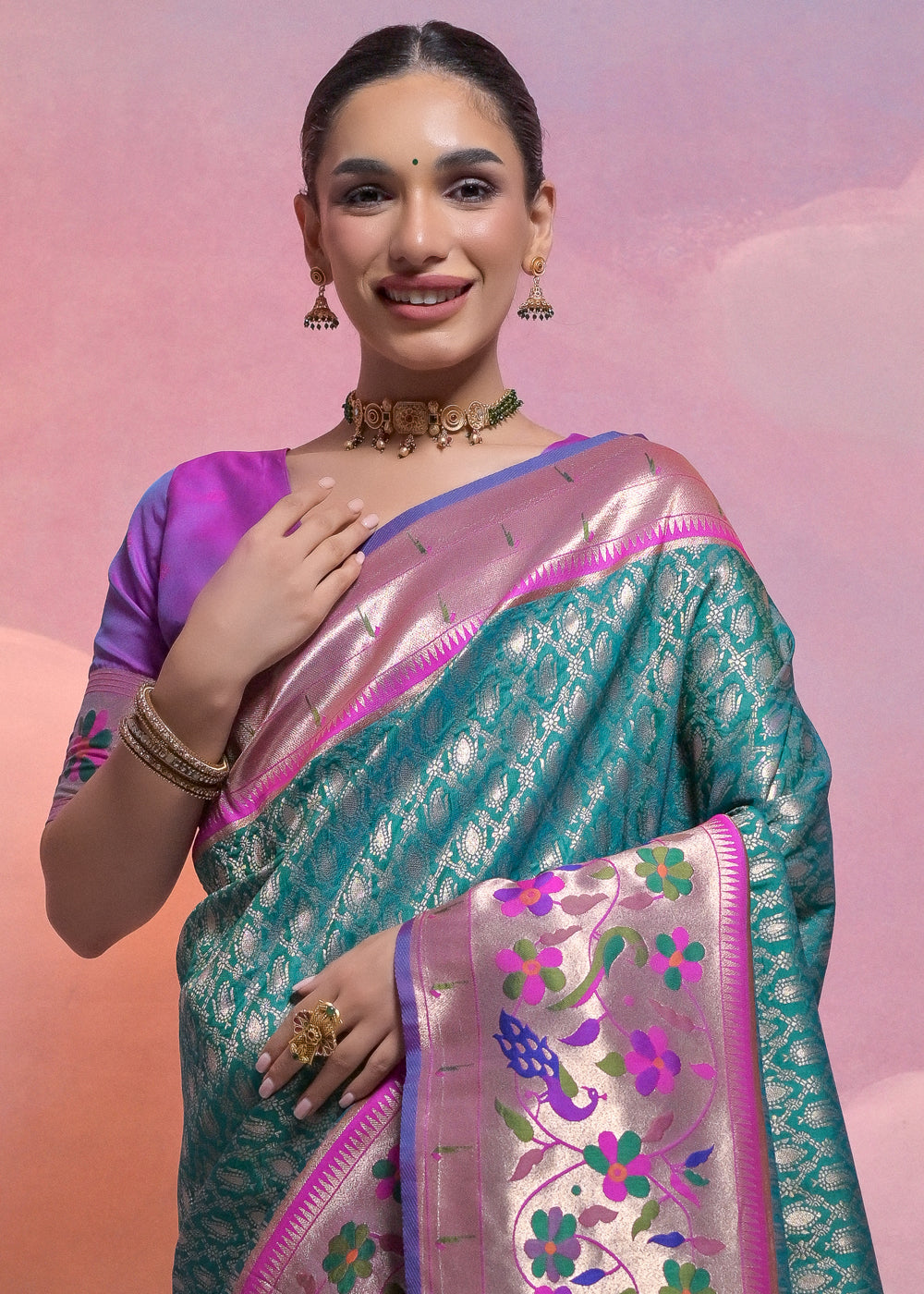 Rama Green Woven Paithani Silk Saree with Meenakari Zari Woven Border - qivii