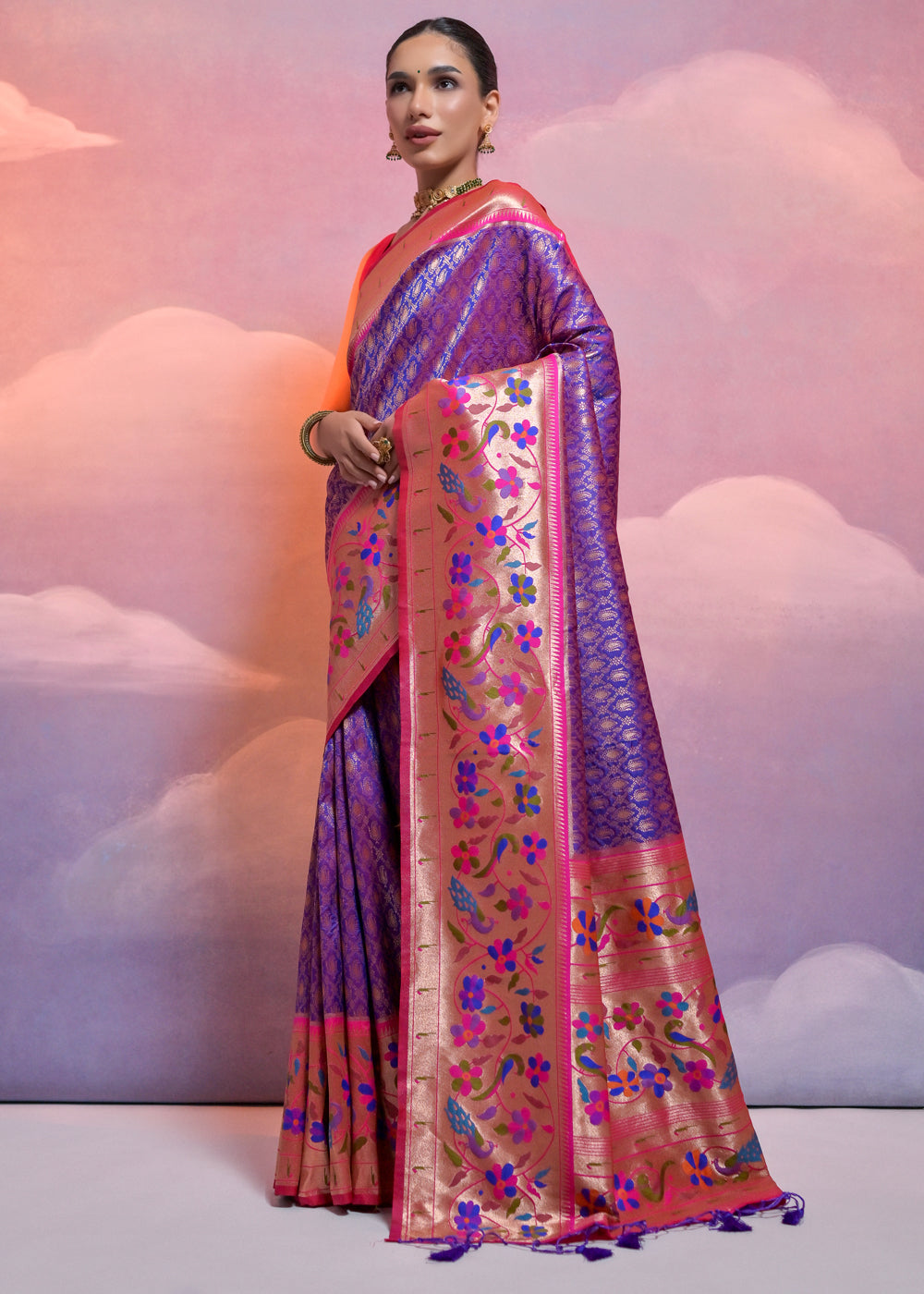 Purblish Blue Woven Paithani Silk Saree with Meenakari Zari Woven Border - qivii