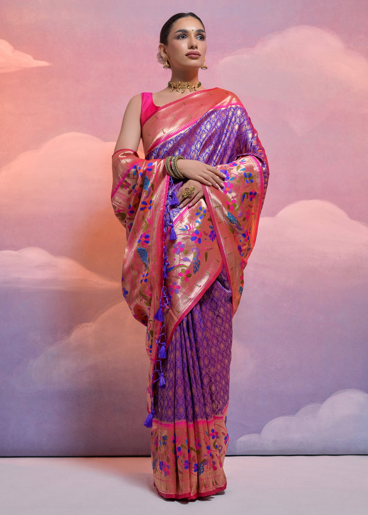 Purblish Blue Woven Paithani Silk Saree with Meenakari Zari Woven Border