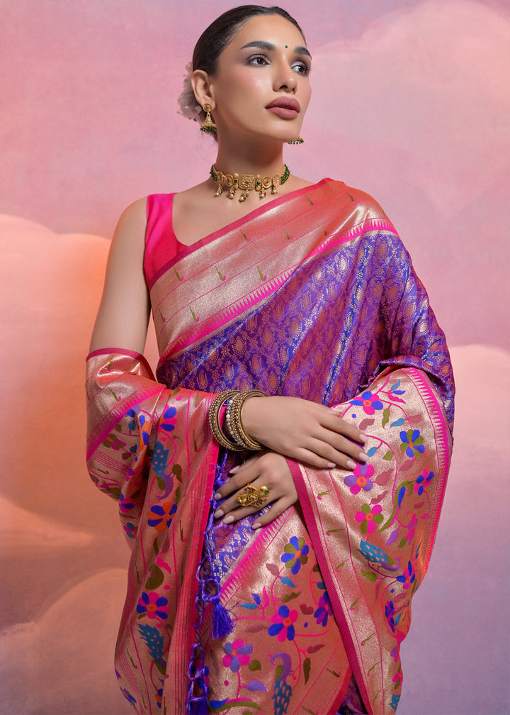 Purblish Blue Woven Paithani Silk Saree with Meenakari Zari Woven Border