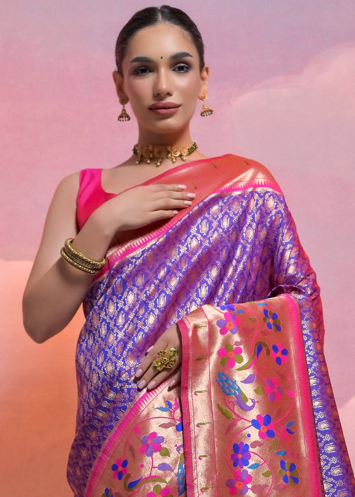 Purblish Blue Woven Paithani Silk Saree with Meenakari Zari Woven Border