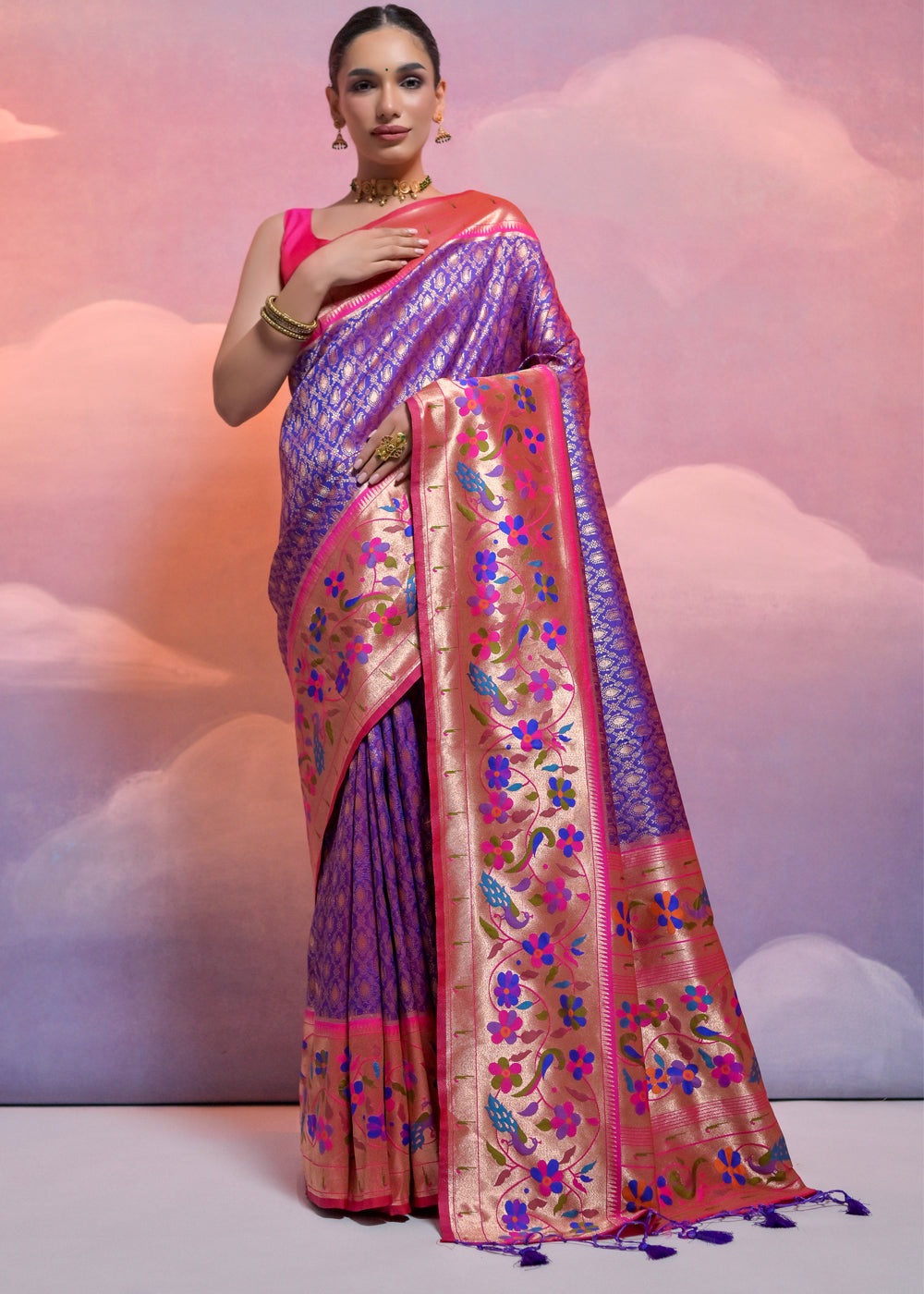 Purblish Blue Woven Paithani Silk Saree with Meenakari Zari Woven Border - qivii