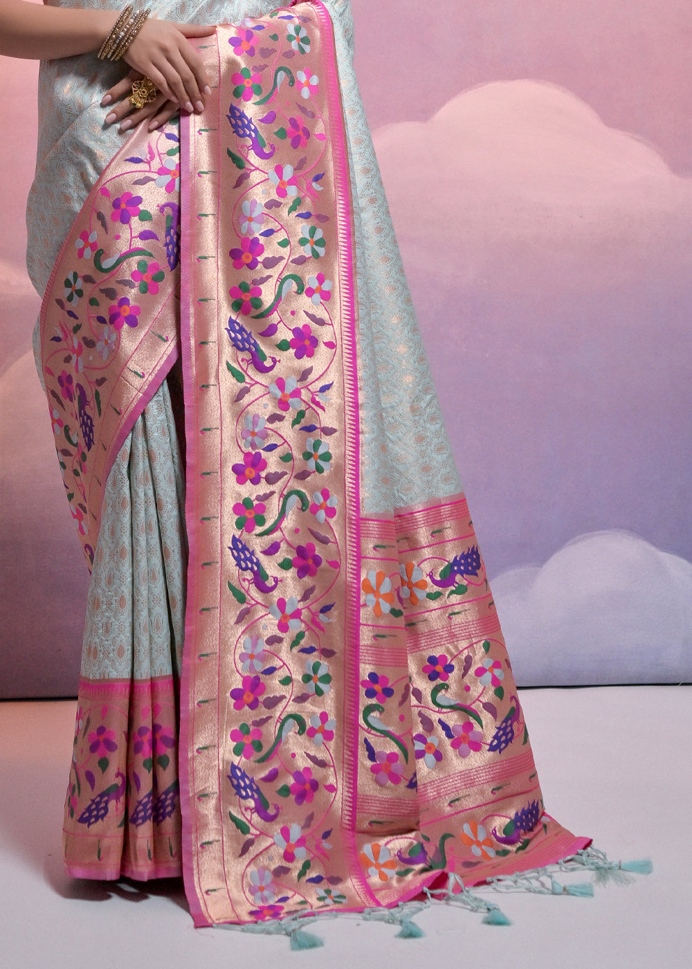 Tea Green Woven Paithani Silk Saree with Meenakari Zari Woven Border