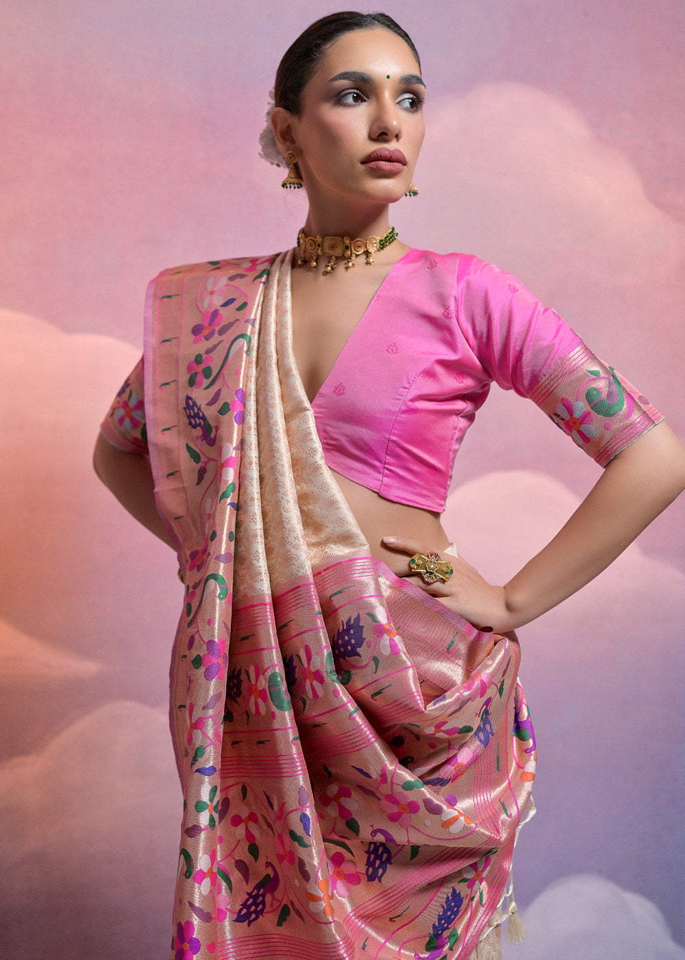 Pearl White Woven Paithani Silk Saree with Meenakari Zari Woven Border - qivii