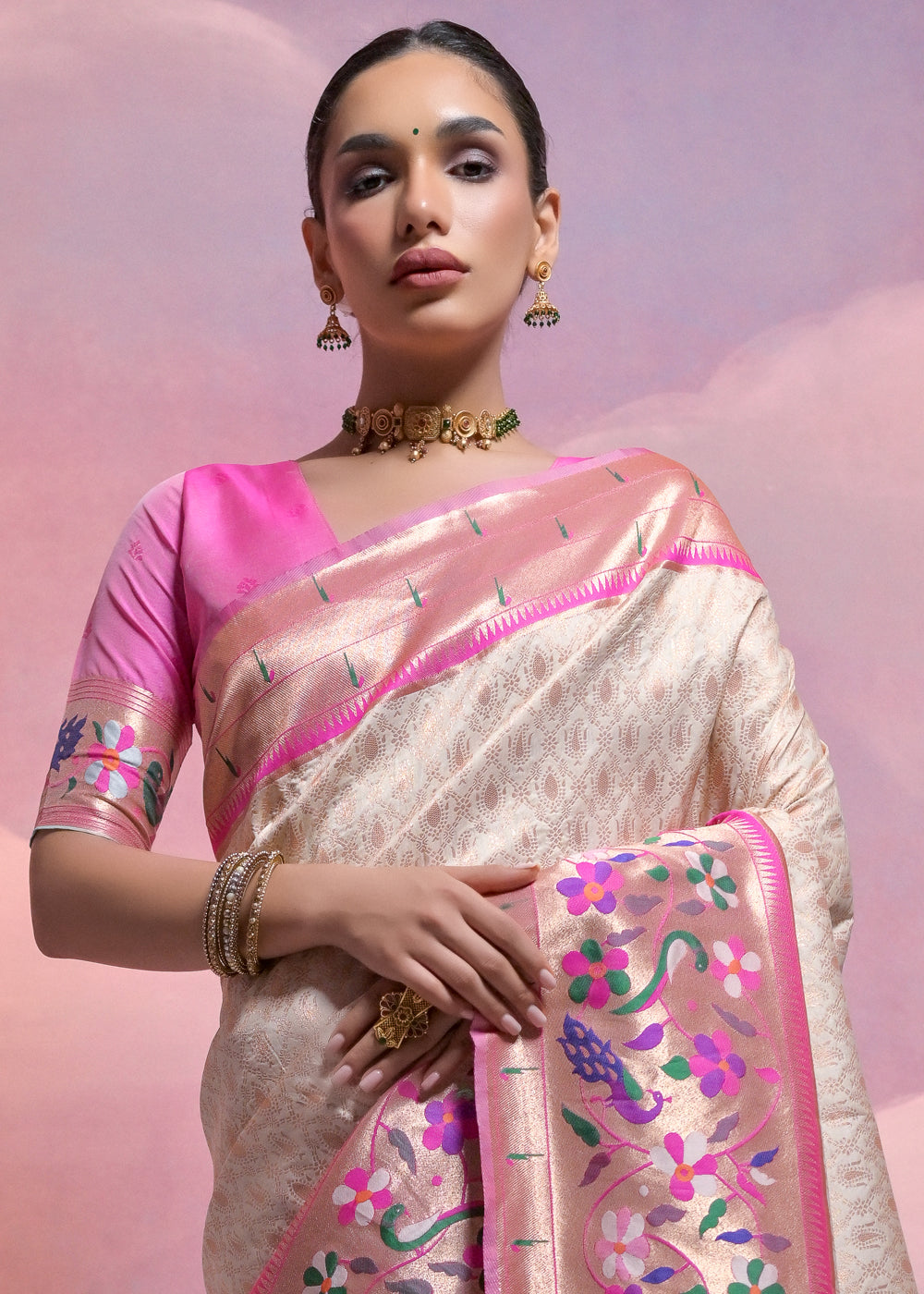Pearl White Woven Paithani Silk Saree with Meenakari Zari Woven Border - qivii