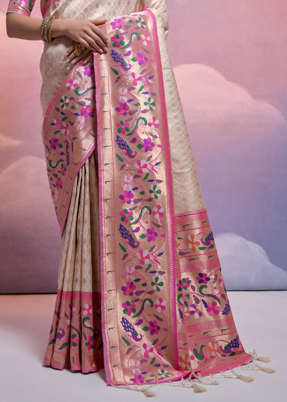 Pearl White Woven Paithani Silk Saree with Meenakari Zari Woven Border - qivii