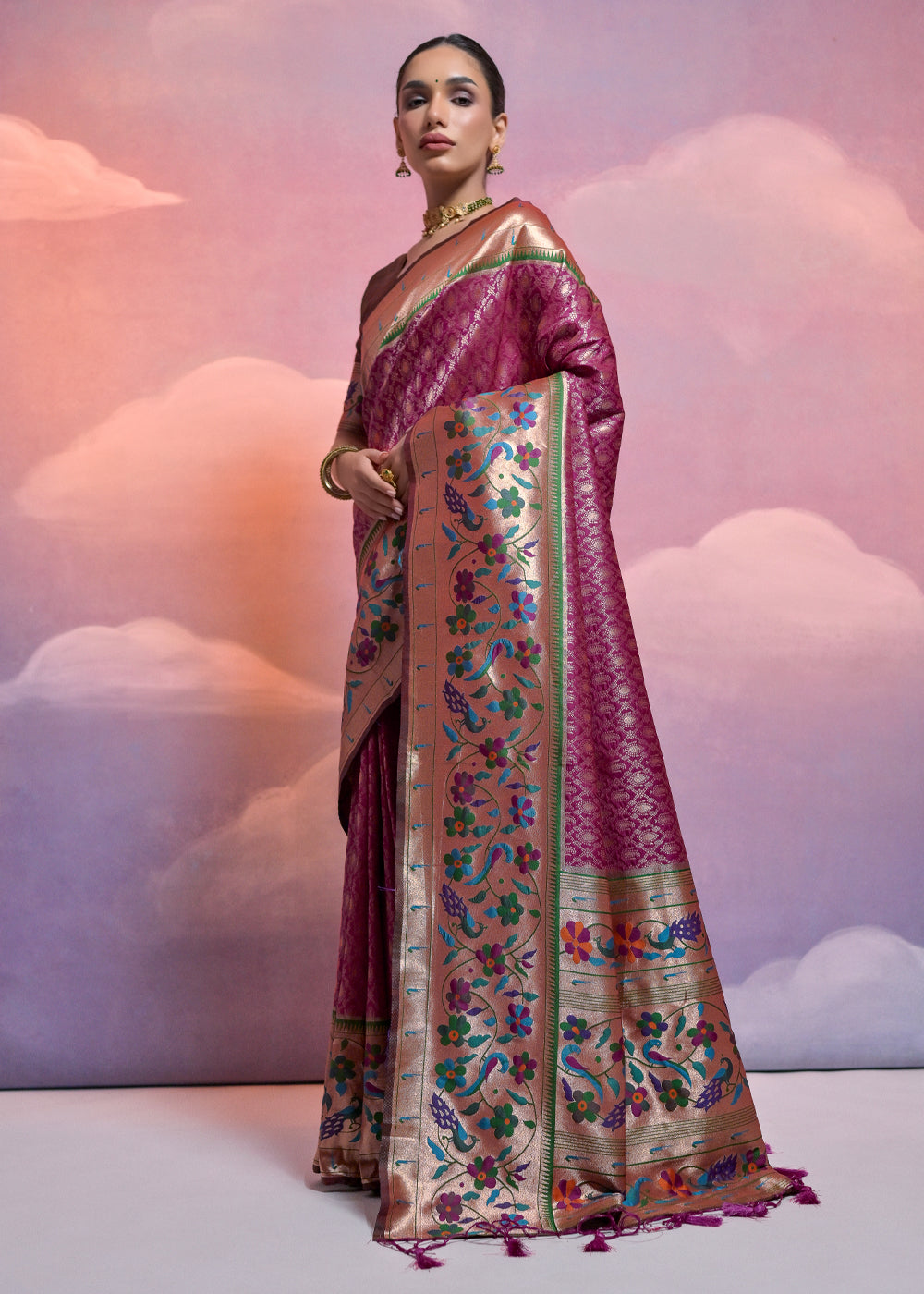Tyrian Purple Woven Paithani Silk Saree with Meenakari Zari Woven Border - qivii
