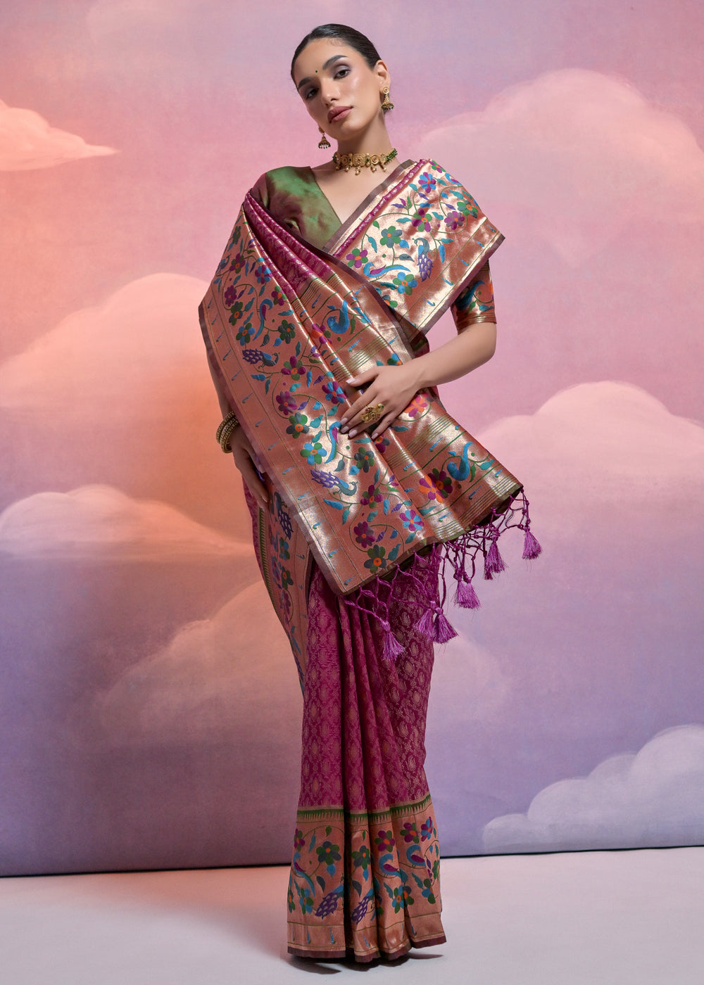 Tyrian Purple Woven Paithani Silk Saree with Meenakari Zari Woven Border - qivii