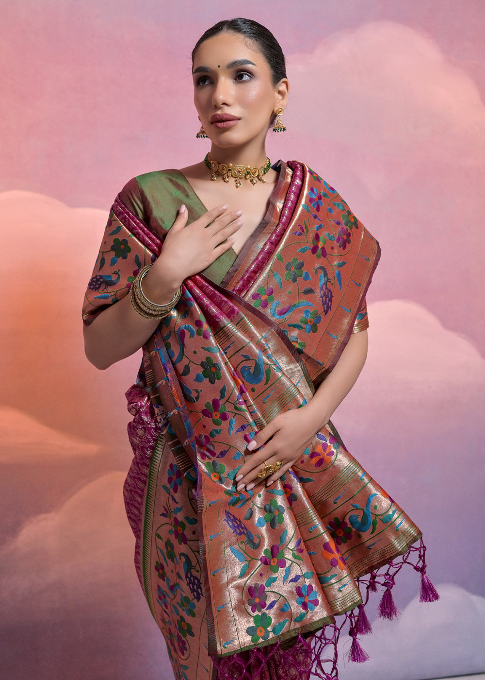 Tyrian Purple Woven Paithani Silk Saree with Meenakari Zari Woven Border - qivii