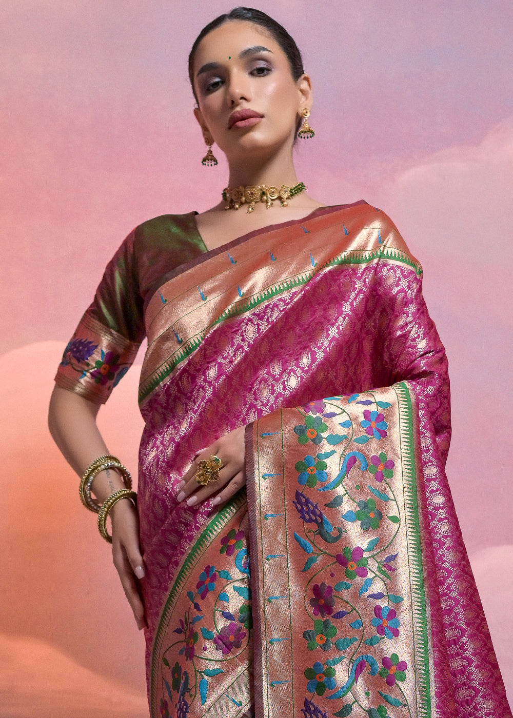 Tyrian Purple Woven Paithani Silk Saree with Meenakari Zari Woven Border - qivii
