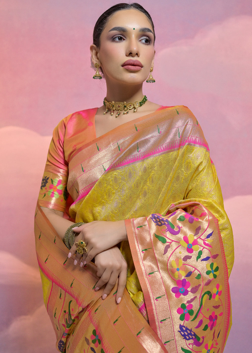 Sunray Yellow Woven Paithani Silk Saree with Meenakari Zari Woven Border - qivii
