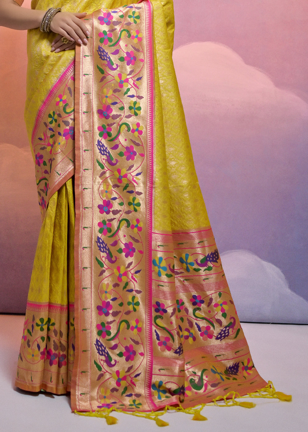 Sunray Yellow Woven Paithani Silk Saree with Meenakari Zari Woven Border - qivii