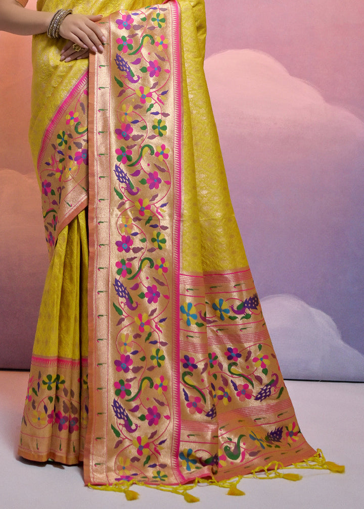 Sunray Yellow Woven Paithani Silk Saree with Meenakari Zari Woven Border