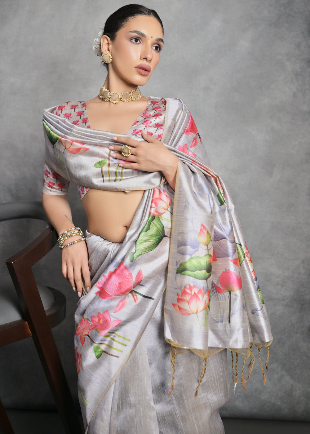 Rhino Grey Floral Printed Soft Tussar Silk Saree - qivii