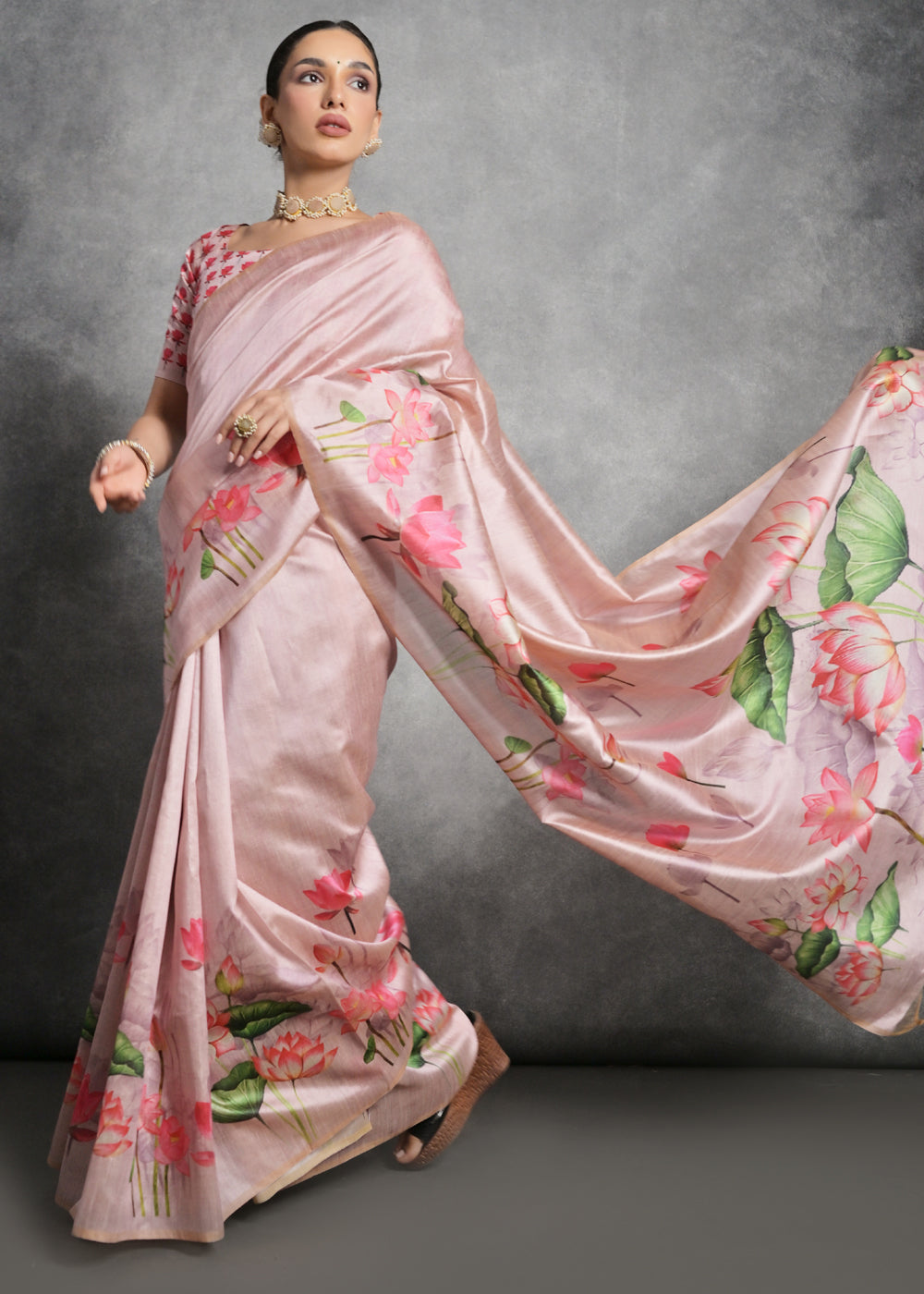 Shell Pink Floral Printed Soft Tussar Silk Saree - qivii