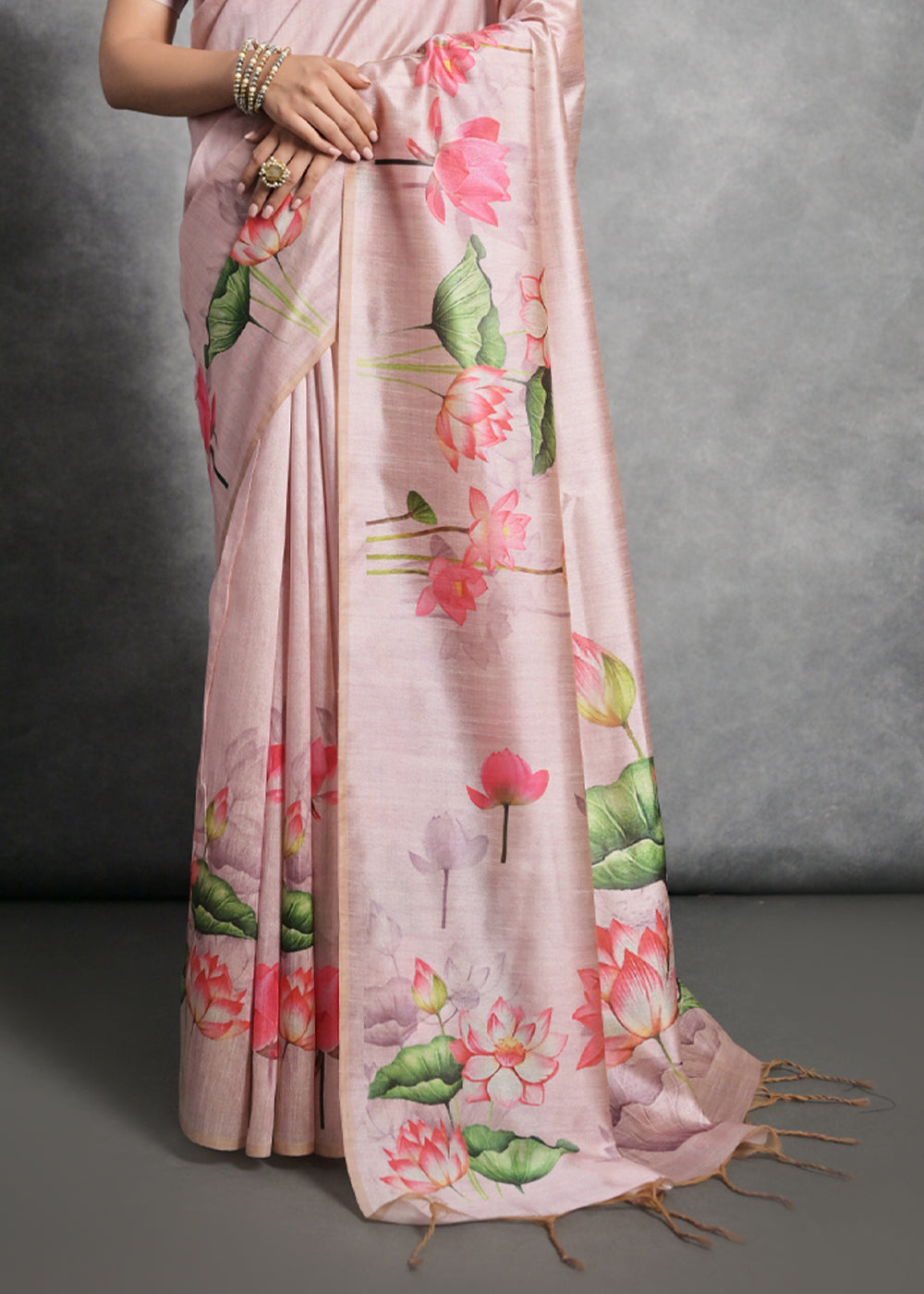 Shell Pink Floral Printed Soft Tussar Silk Saree - qivii