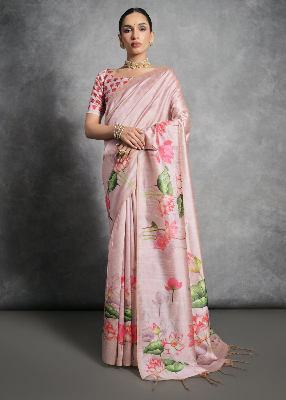 Shell Pink Floral Printed Soft Tussar Silk Saree - qivii