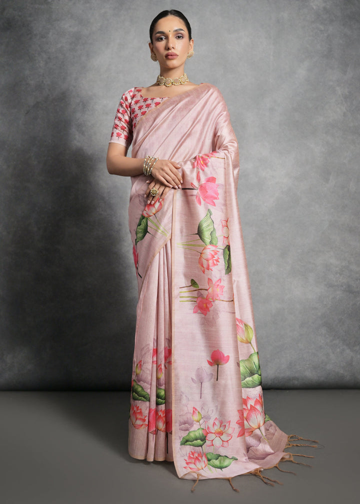 Shell Pink Floral Printed Soft Tussar Silk Saree