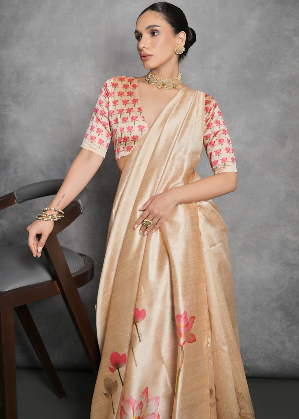 Shades Of Brown Floral Printed Soft Tussar Silk Saree - qivii