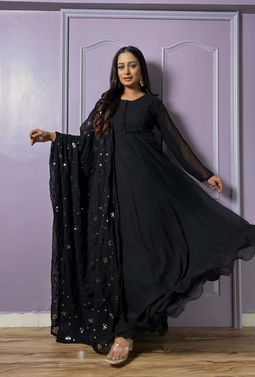 Black Georgette Reception Wear Gown With Dupatta