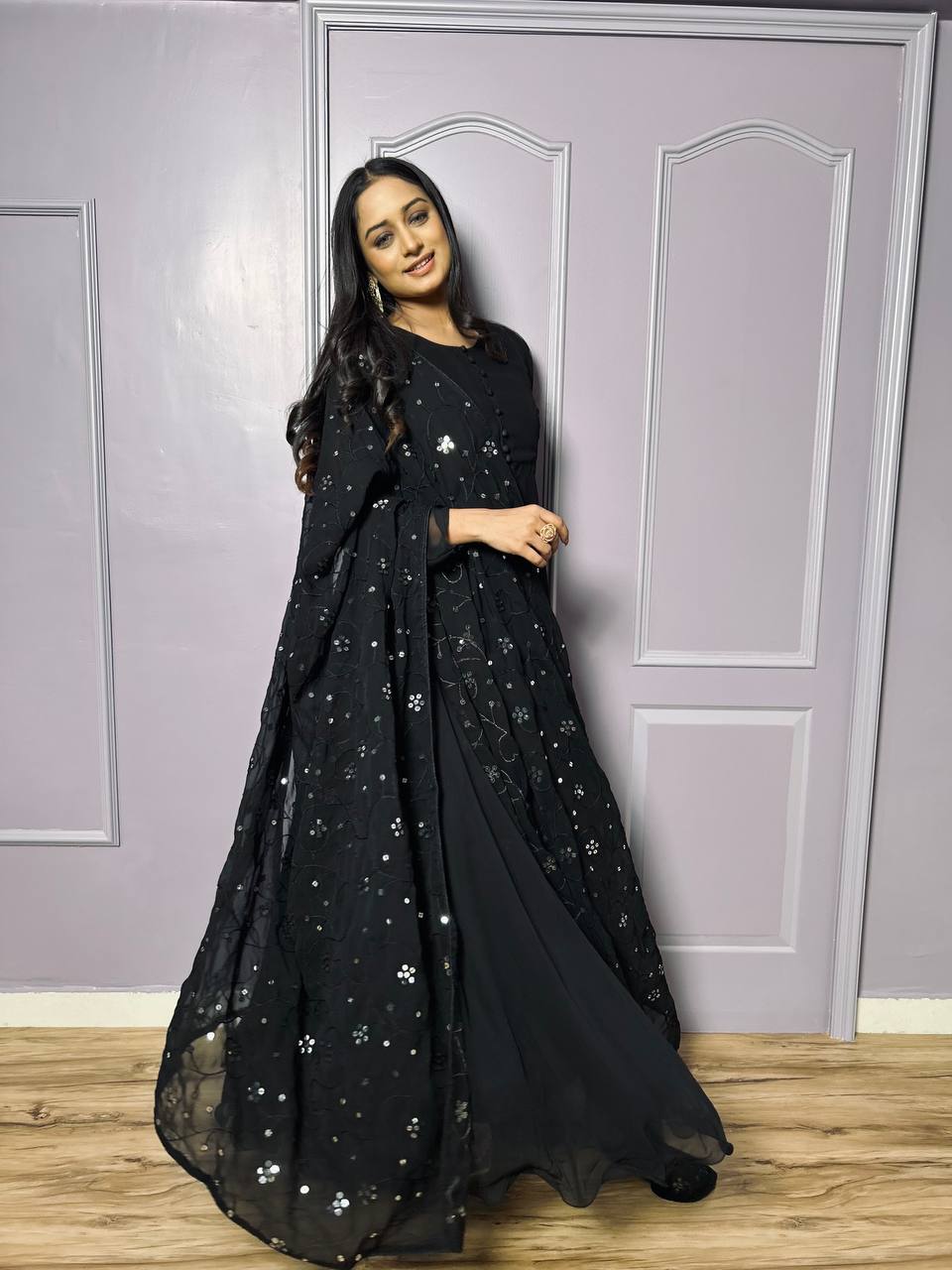 Black Georgette Reception Wear Gown With Dupatta