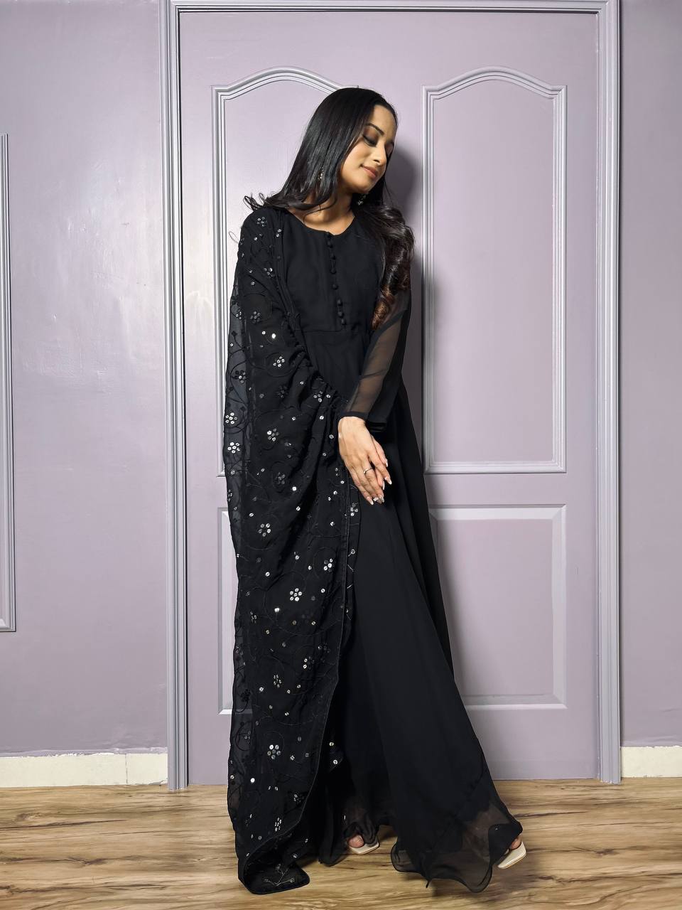 Black Georgette Reception Wear Gown With Dupatta