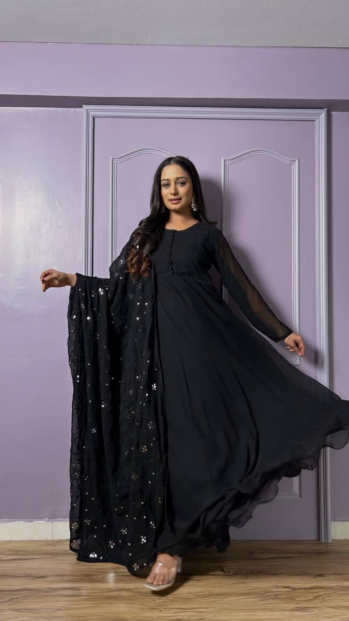 Black Georgette Reception Wear Gown With Dupatta