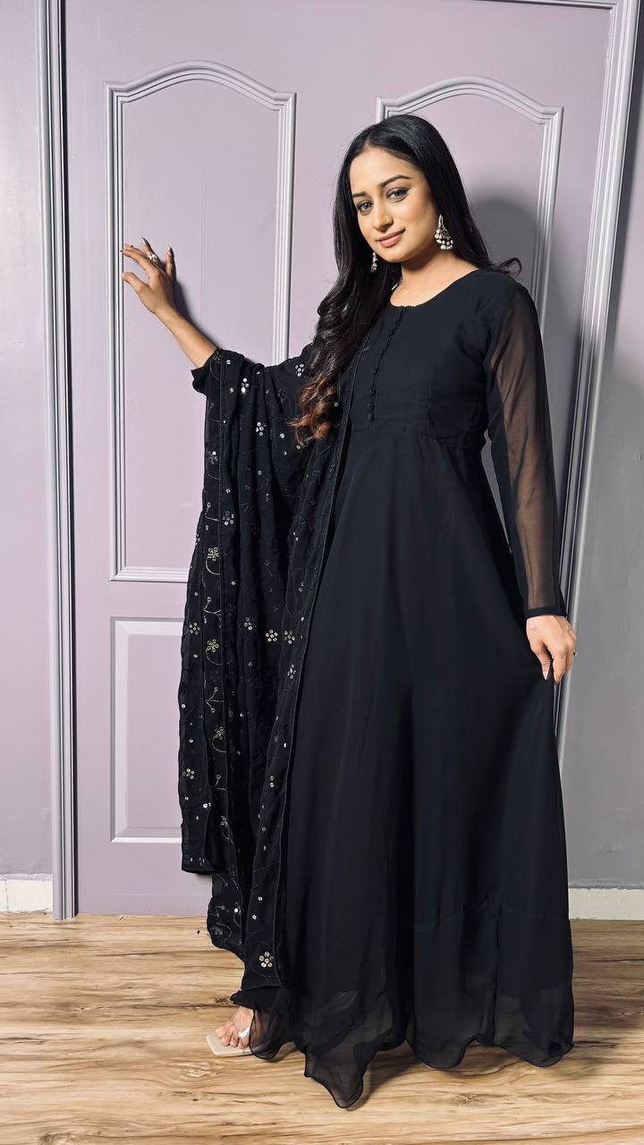 Black Georgette Reception Wear Gown With Dupatta