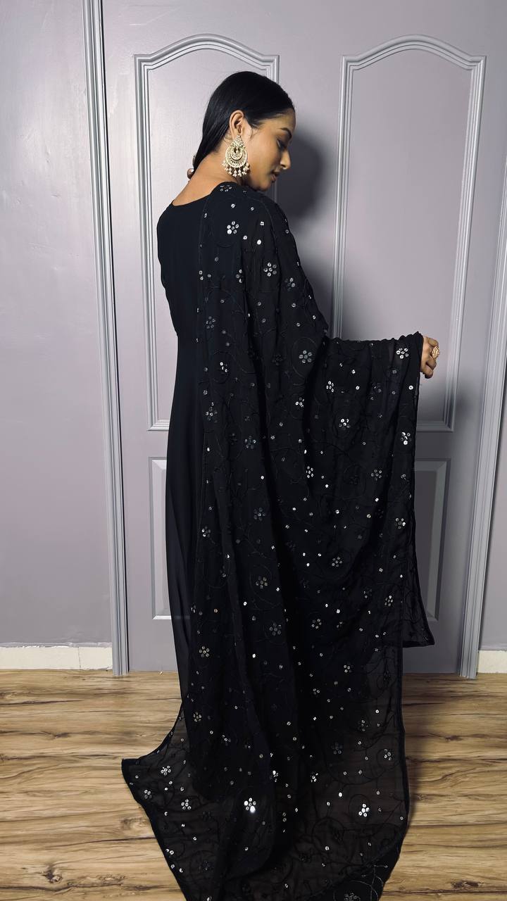 Black Georgette Reception Wear Gown With Dupatta