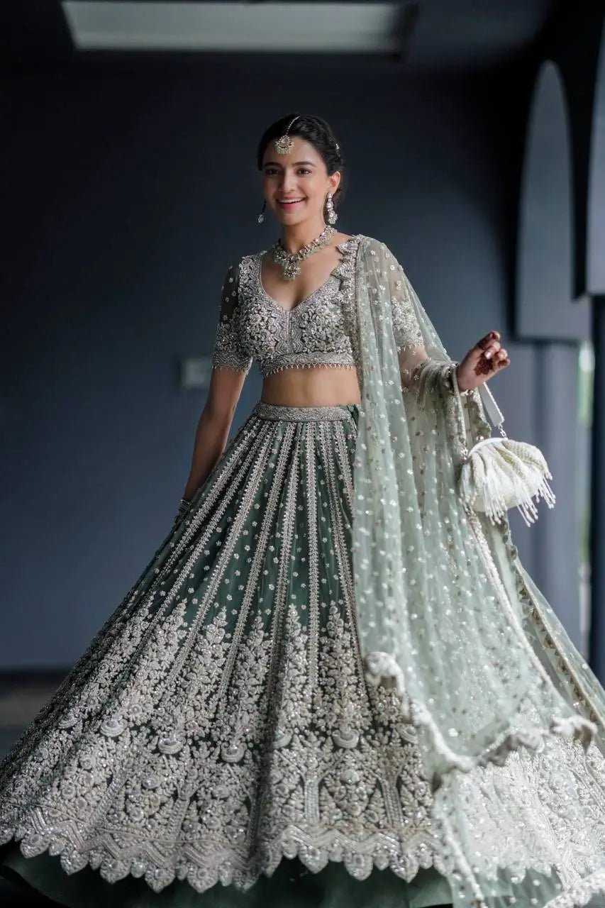 Sea Green Net Lehenga Choli With Sequence & Dori Work