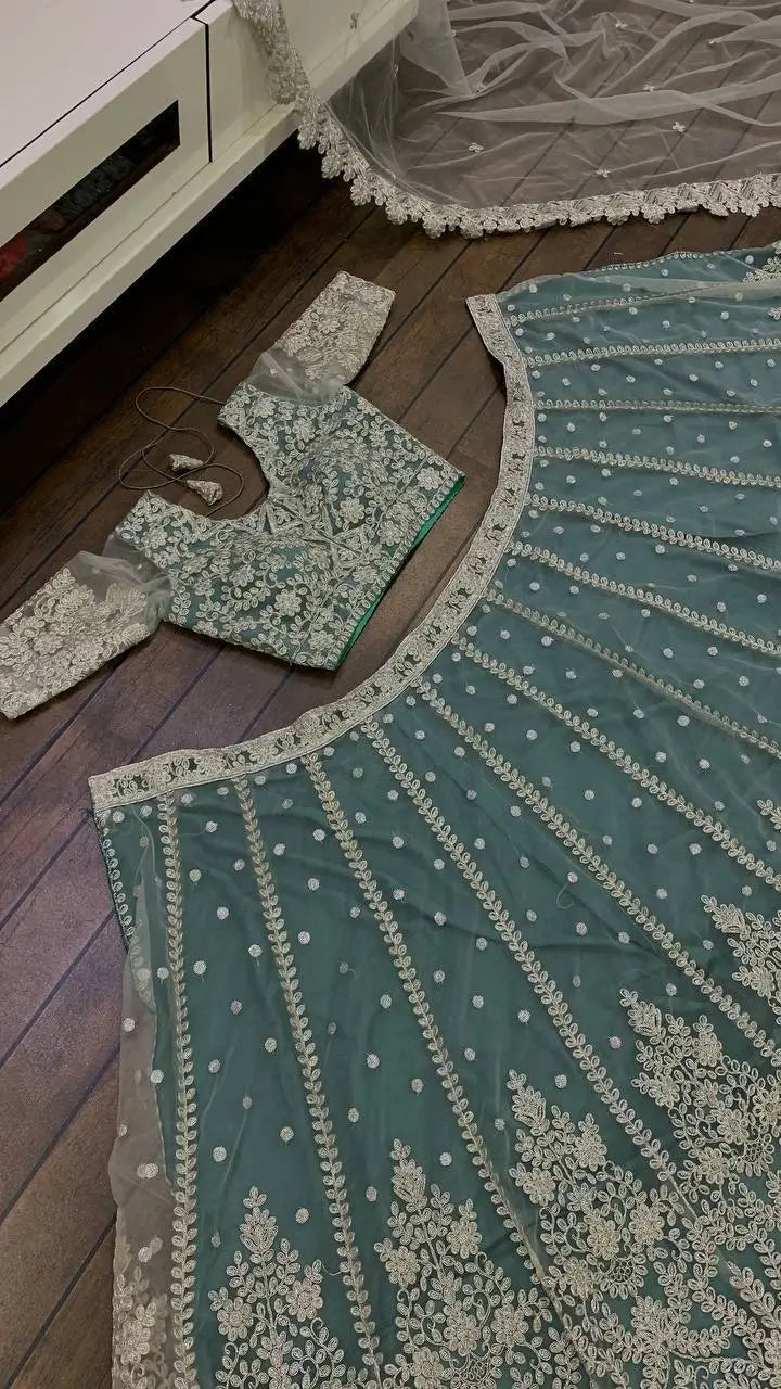 Sea Green Net Lehenga Choli With Sequence & Dori Work
