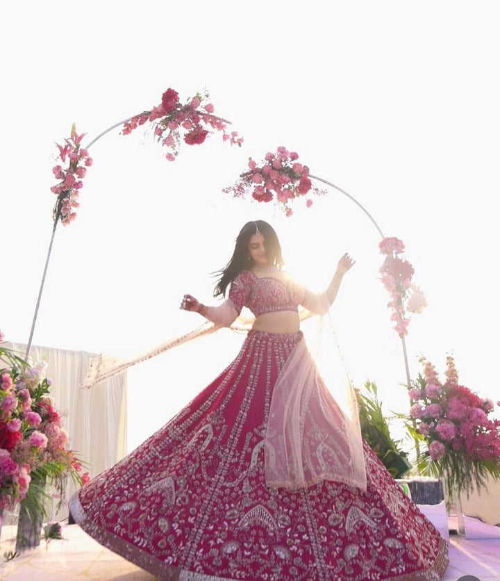 Beautiful pink color heavy slub silk lehenga with intricate Dori, sequins, and thread work, featuring a stunning flair design