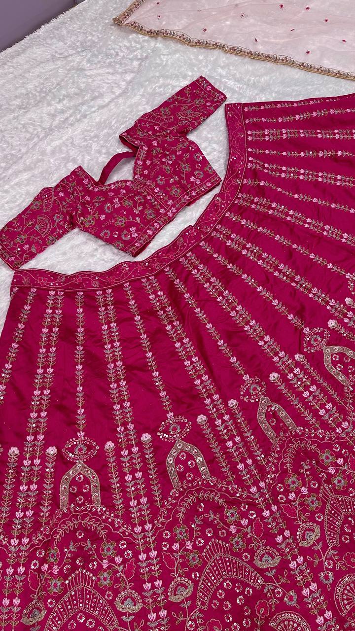 Gorgeous pink heavy slub silk lehenga with intricate detailing