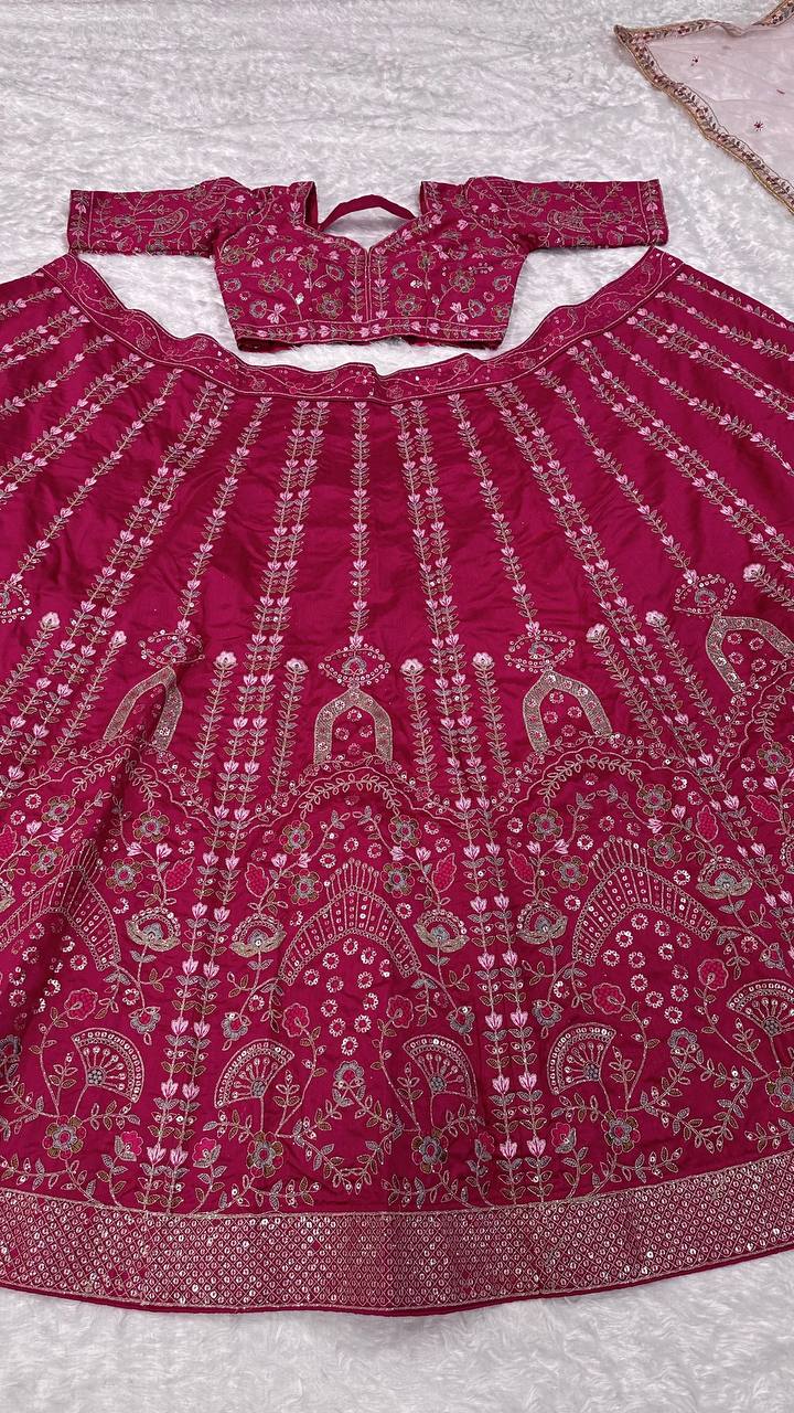 Beautiful pink heavy slub silk lehenga featuring intricate dori, sequins, and thread work details, showcasing a stunning flair design