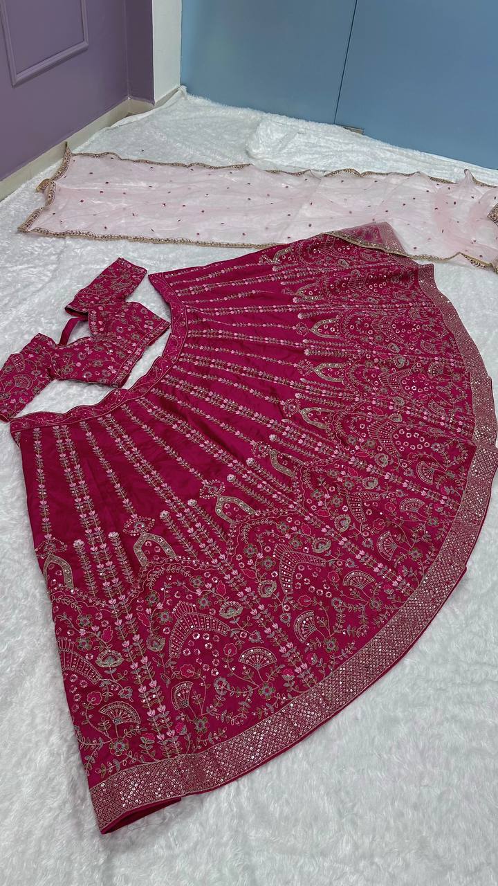 Intricately designed pink color heavy slub silk lehenga with sequins