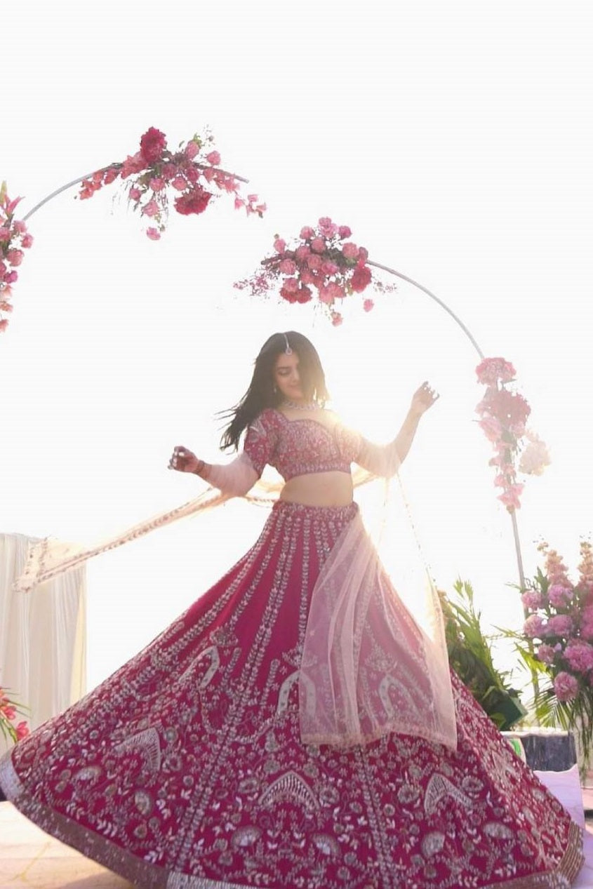 Detailed view of sequins embellishment on the pink lehenga flare