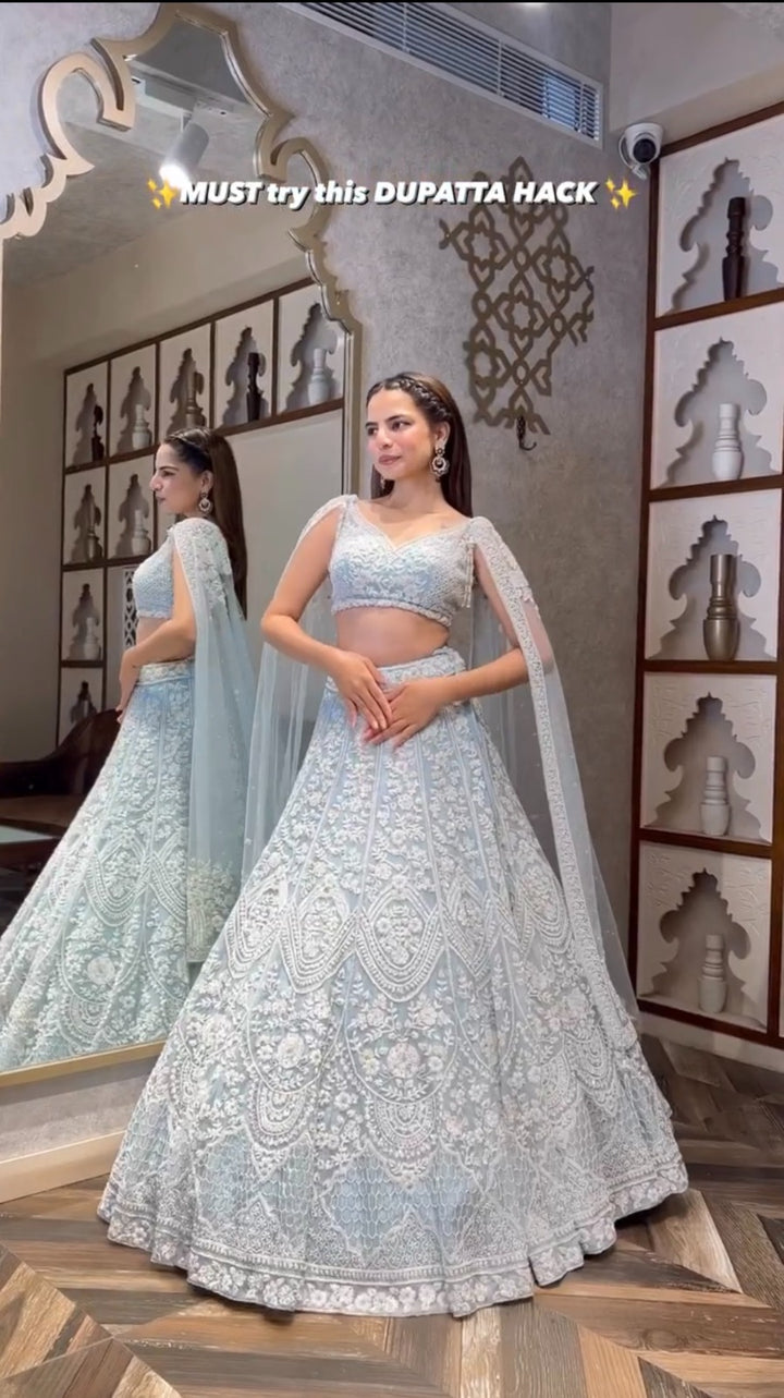 White Color  Net lehenga with sequins & thread work - INSPIRED