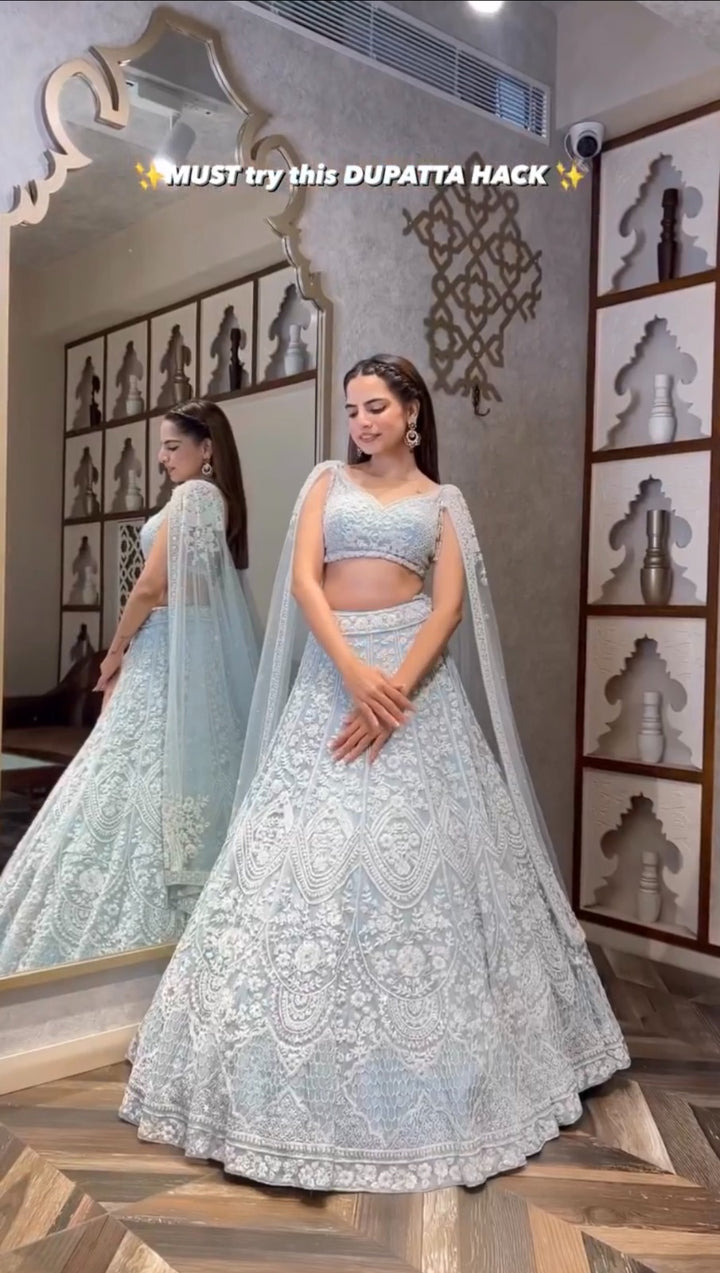 White Color  Net lehenga with sequins & thread work - INSPIRED