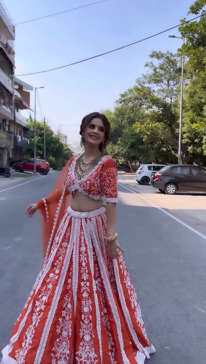 Red Color Mulmul silk lehenga with rainbow sequins & resham thread work - INSPIRED