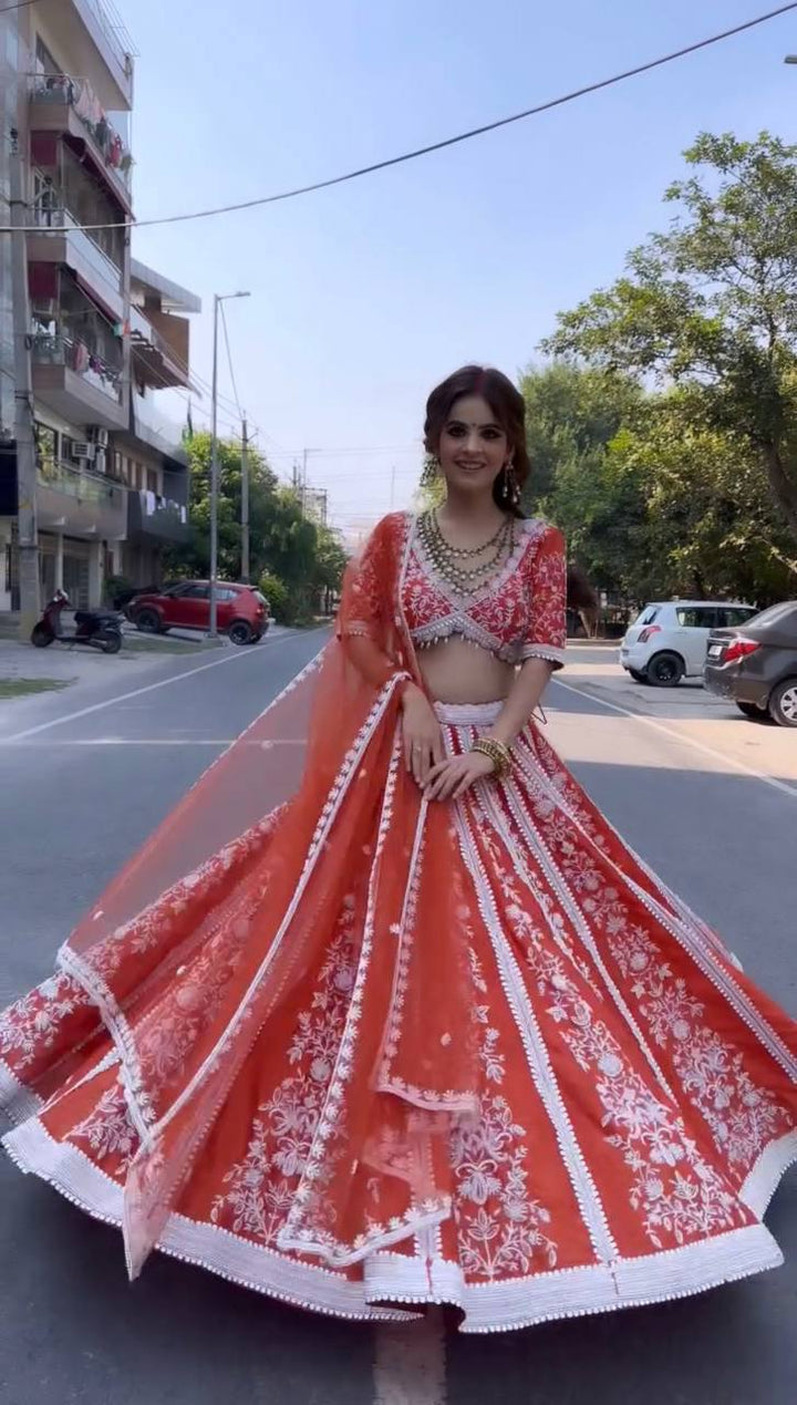 Red Color Mulmul silk lehenga with rainbow sequins & resham thread work - INSPIRED