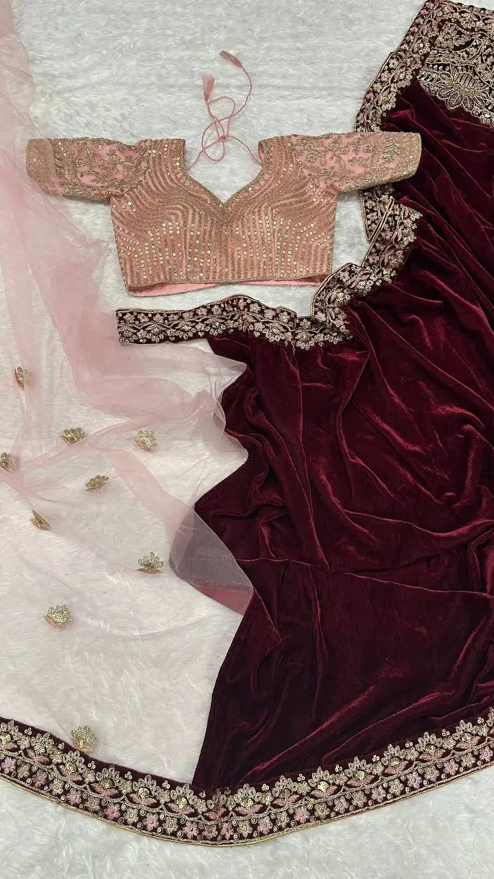 Maroon-Pink Velvet & Net Saree With Sequins, Thread & Dori Work