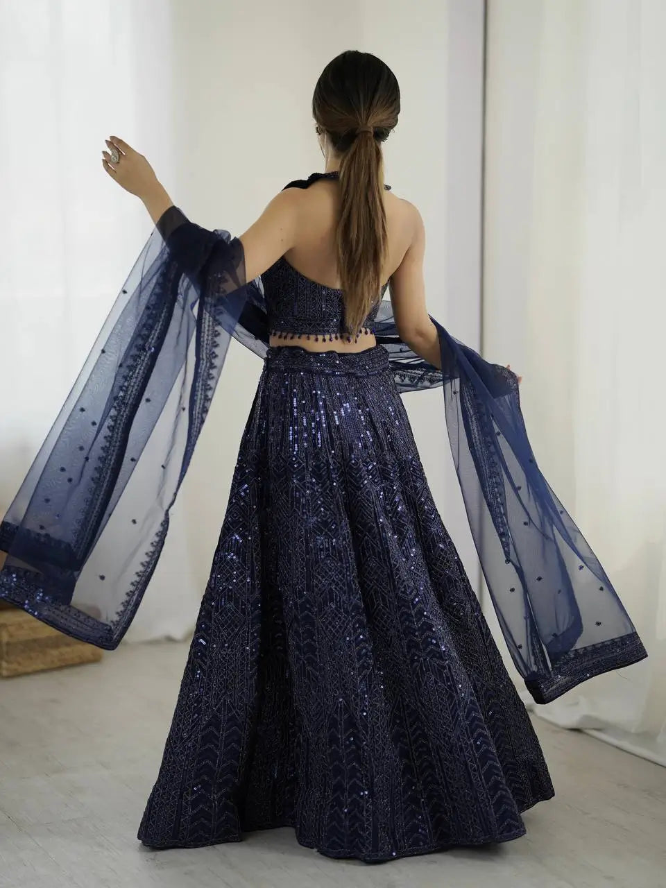 Navy Blue Net Lehenga Choli With Sequins & Dori Work - qivii