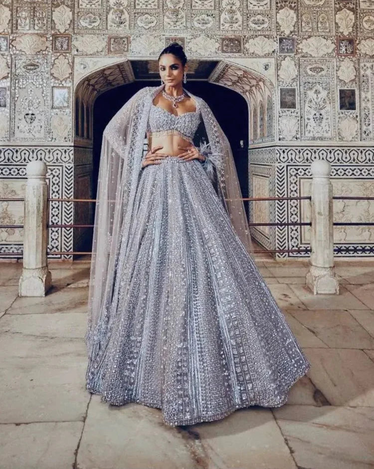 Glittery Grey Shimmer Silk Lehenga Choli With Sequins & Dori Work - qivii
