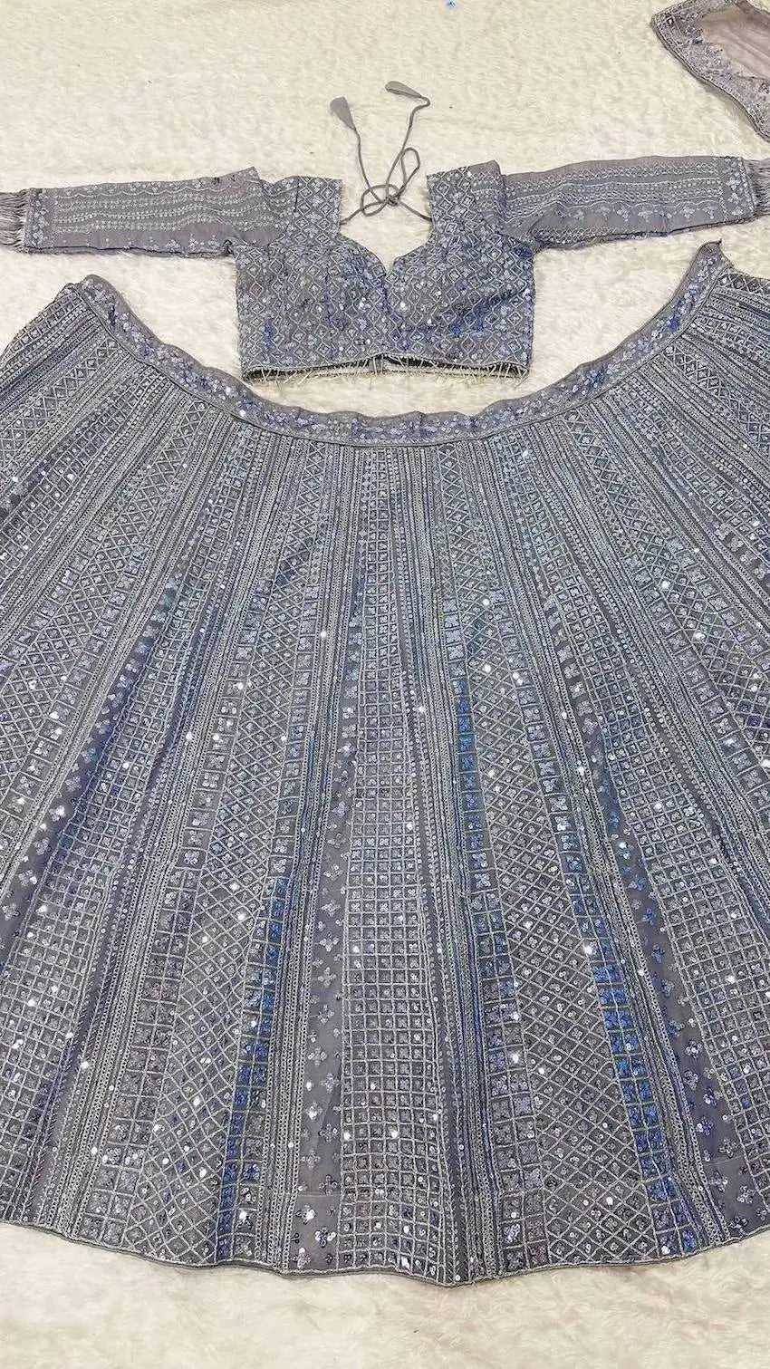 Glittery Grey Shimmer Silk Lehenga Choli With Sequins & Dori Work - qivii