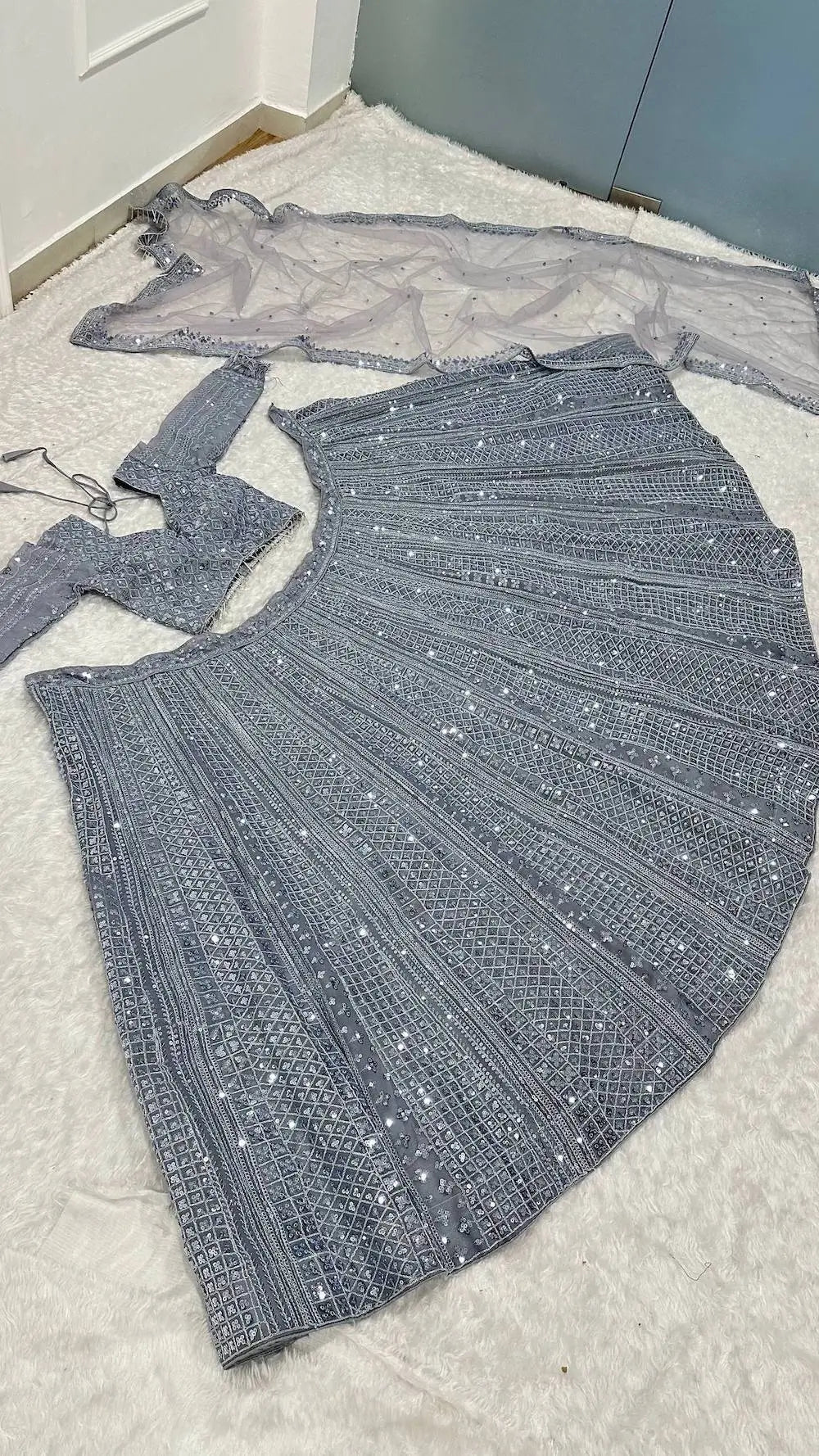 Glittery Grey Shimmer Silk Lehenga Choli With Sequins & Dori Work - qivii